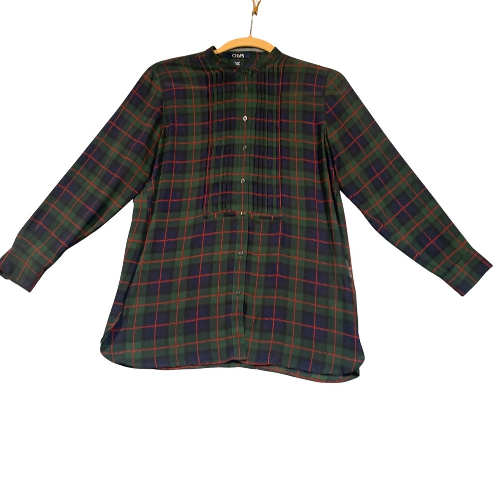 Chaps Womens XL Green Navy Plaid Pintuck Pleated Sheer Lightweight Tunic Blouse